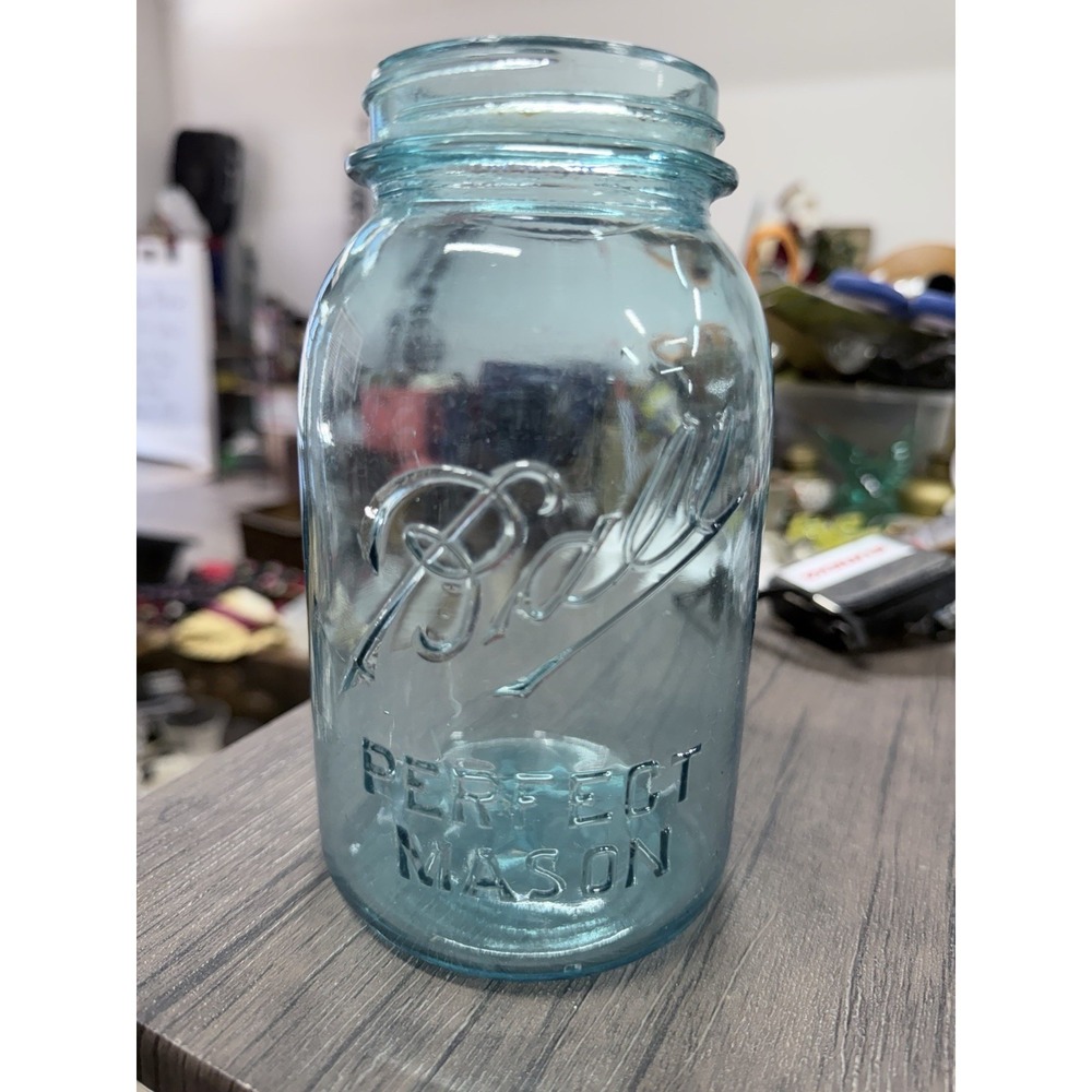 Vintage BALL Perfect Mason #8 Aqua Blue Quart Canning Fruit Jar
